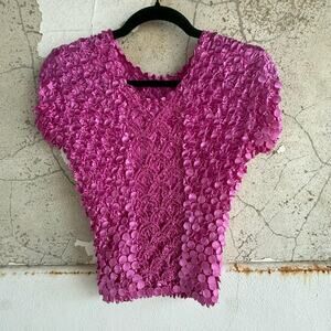 Y2K Puff Sleeve Rosette Texture Top in‎ Magenta Satin Coquette Fit XS–S